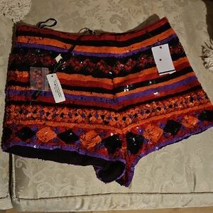 Topshop Orange and Purple Striped High Waist Shorts